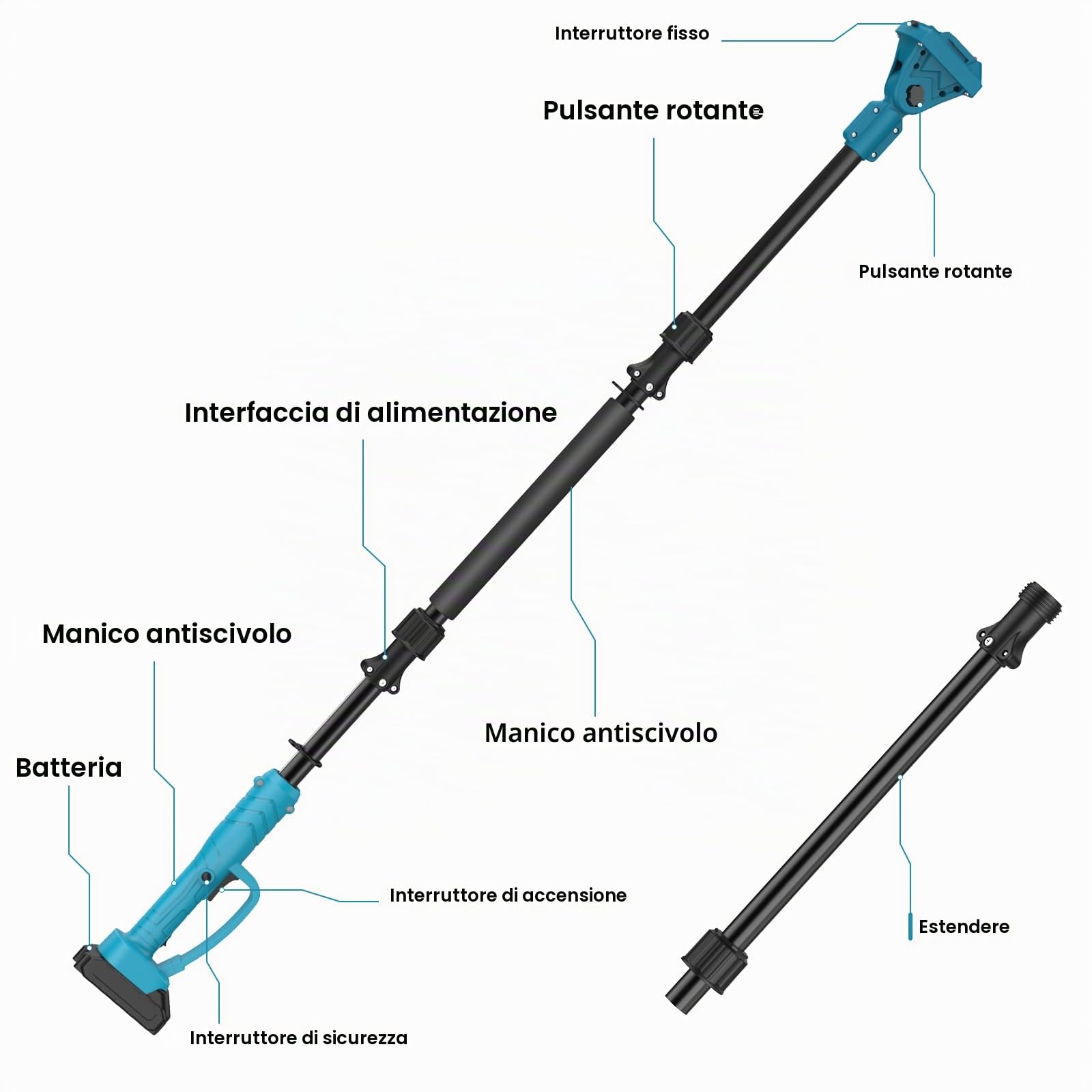 Eznaobo Asta Telescopica Per Potatura a Batteria, Di Prolunga Da , Batteria Makita 18 V, Funzione Rotazione 180 (senza Batteria), 2 M, M