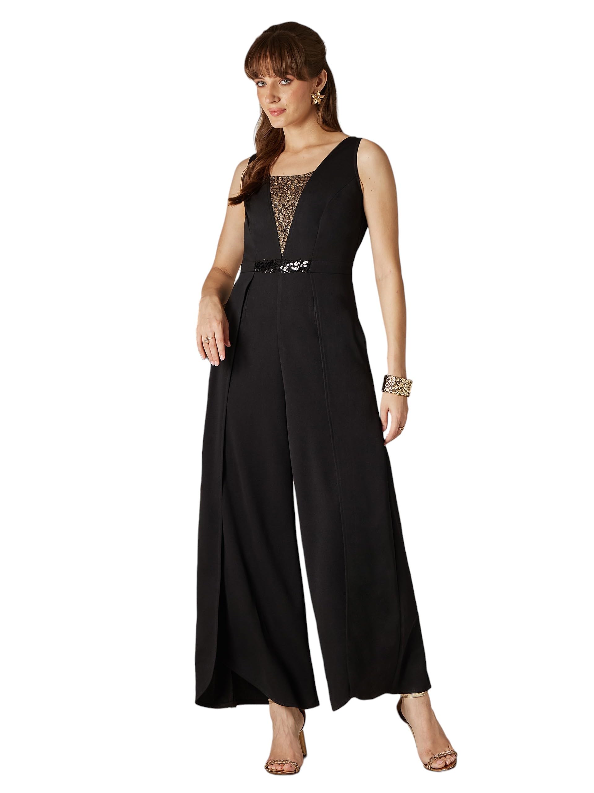 Women's Square Neck Sleeveless Embellished Layered Regular-Length Polyester Jumpsuit-image-48