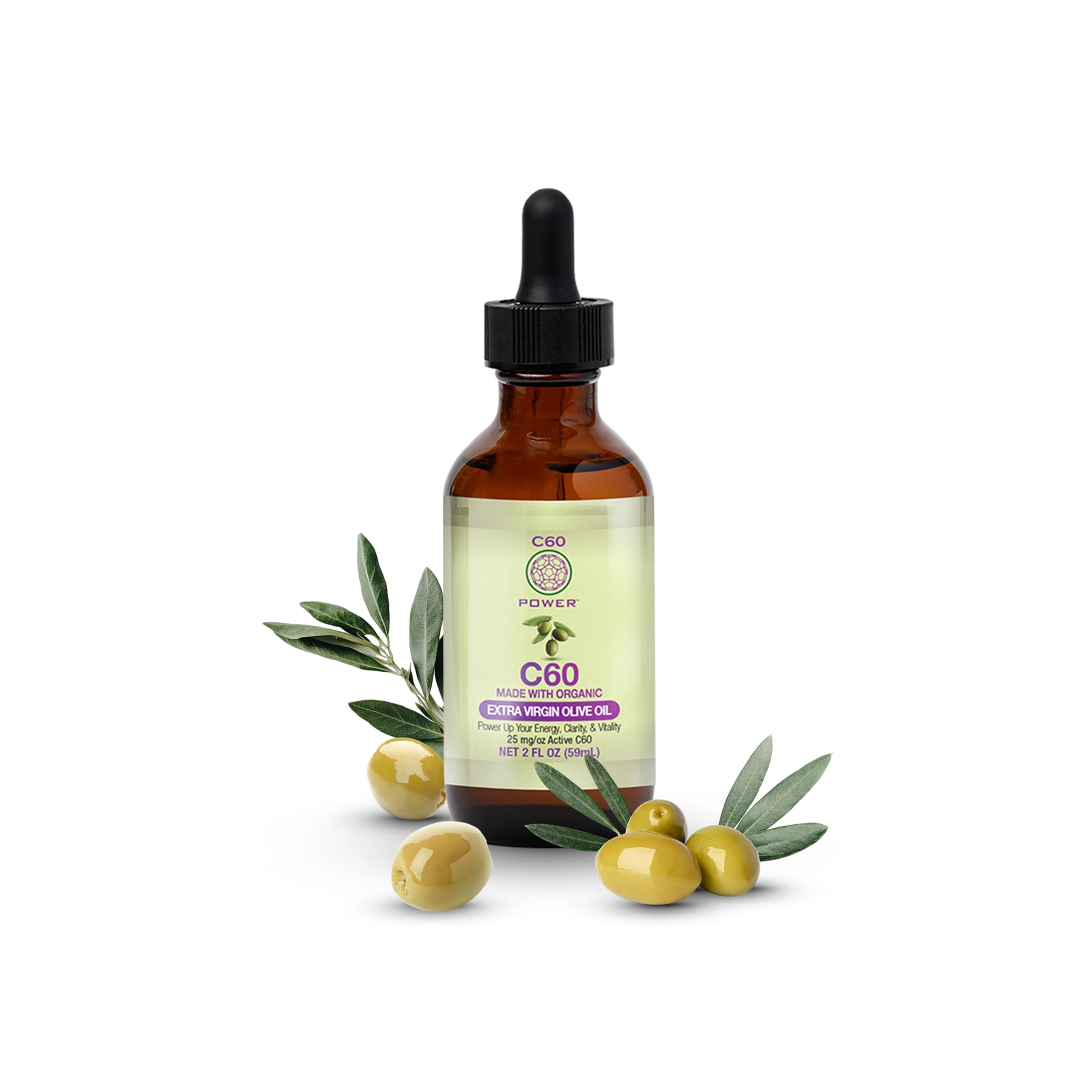 C60 Power C60 in Organic Extra Virgin Olive Oil - Natural Wellness Support for Men & Women, 99.99% Pure Carbon Fullerenes, Promotes Energy, Mental Clarity, & Stamina - 2 fl oz Bottle