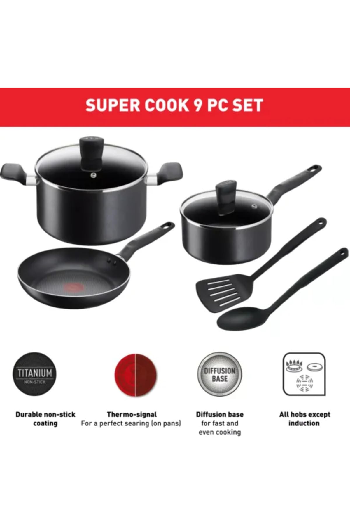 TEFAL Batterie de cuisine 7 pièces | Super Cook | Poêle à frire 24 cm/casserole 18 cm + couvercle/faitout 24 cm + couvercle/cuillère/spatule ajourée | antiadhésif avec signal thermique | Aluminium |