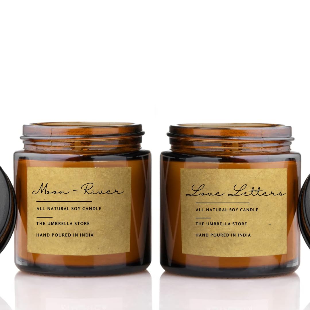 THE UMBRELLA STORETHE UMBRELLA STORE Scented Candles (55 Hours) (100% Soy Wax)- Handcrafted | Smoke-Free | Set of 2, Candles for Home & Gift Sets (Moon-River + Love Letters)
