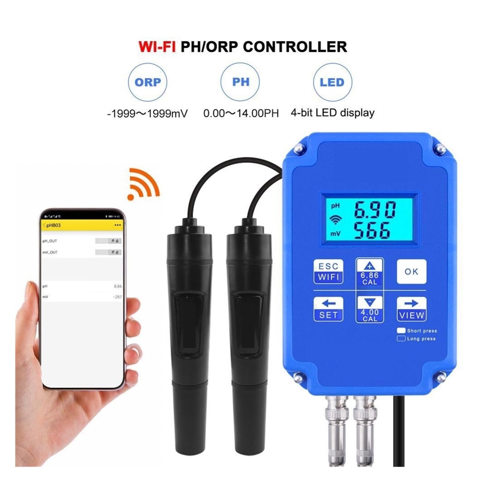 WiFi Monitoreo Digital PH Y ORP Controlador BNC Sonda Probador De Calidad del Agua For Hidroponía Piscina Acuario MedicióN Precisa(A)