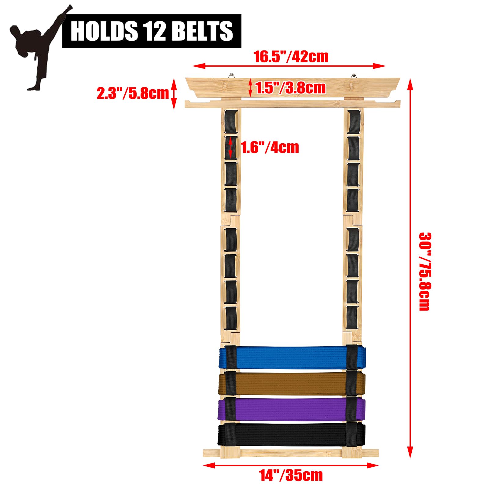 JUXYES Organizador de cinturones de artes marciales para pared 8-12 cinturones, soporte de bambú para karate