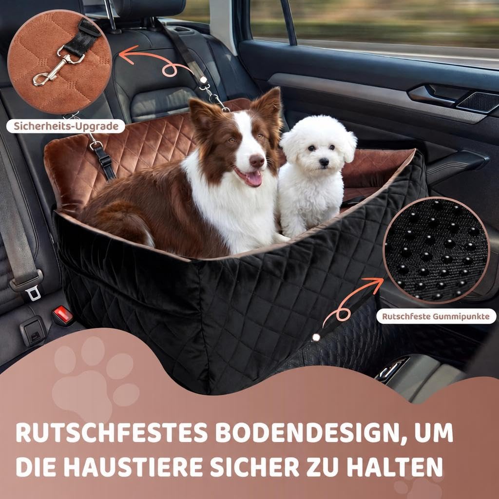 HAUSPROFI Hunde autositz für mittlerer/große Hunde, Schwarz+Braun | Hundesitz für Hunde unter 25Kg oder 2 kleine, Waschbarer hundesitz Auto mit Aufbewahrungstaschen, Ansteckbare Leine