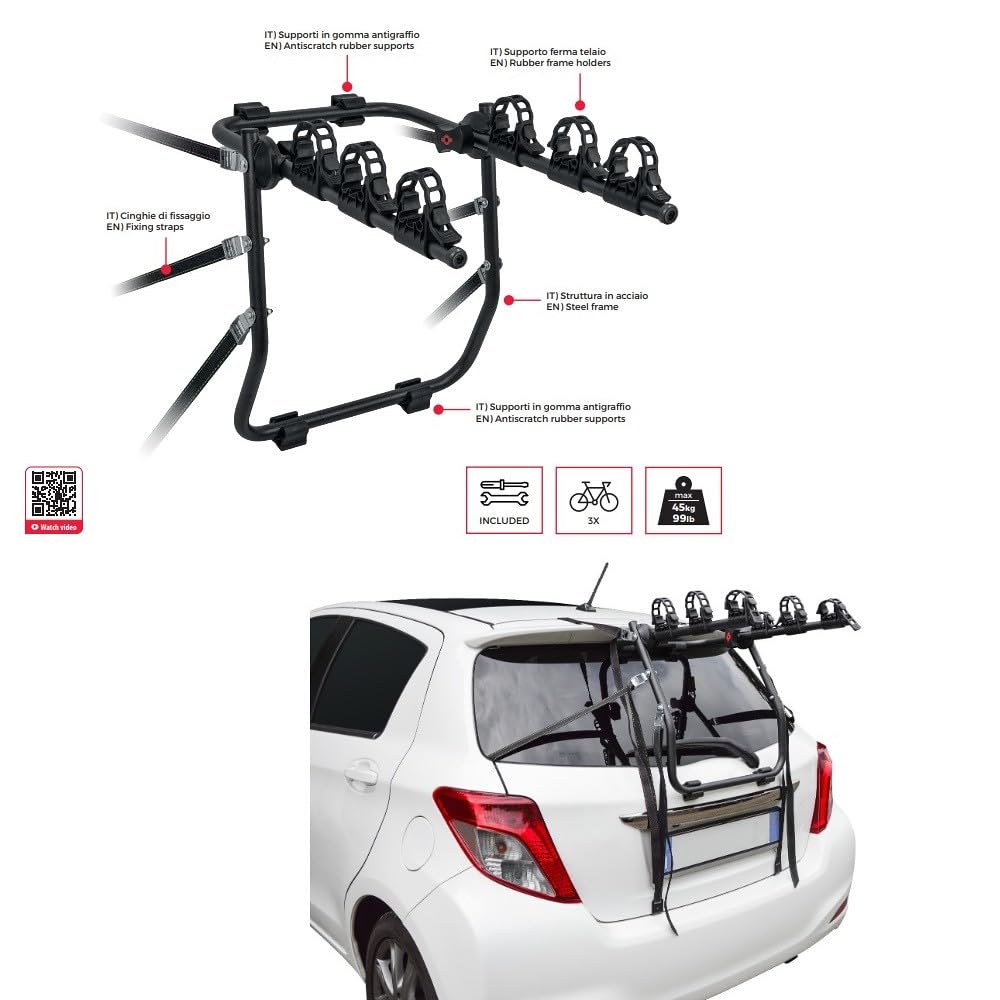 COMPATIBILE CON FIAT PANDA III (319) per anno dal 12 in poi PORTABICI PER BAGAGLIAIO POSTERIORE AUTO IN ACCIAIO PORTA BICICLETTE ADATTO PER 3 BICI CARICO MAX 45KG 70X56X11CM