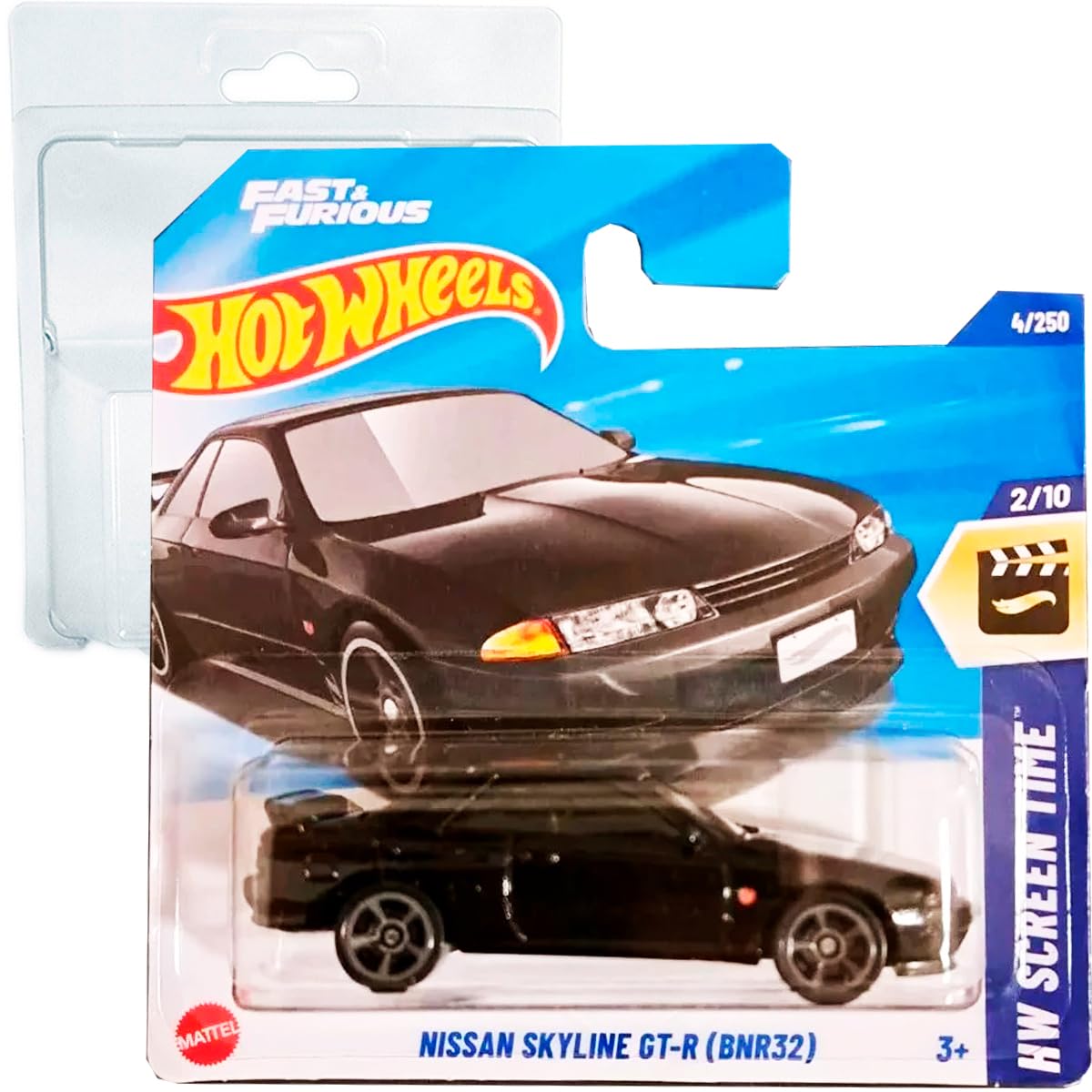 Hot Wheels Nissan Skyline GT-R (BNR32) Fast and Furious HW Screen Time 2/10 (4/250) HYY72 Negro 2025 + Protector Short Card Frikimonkey