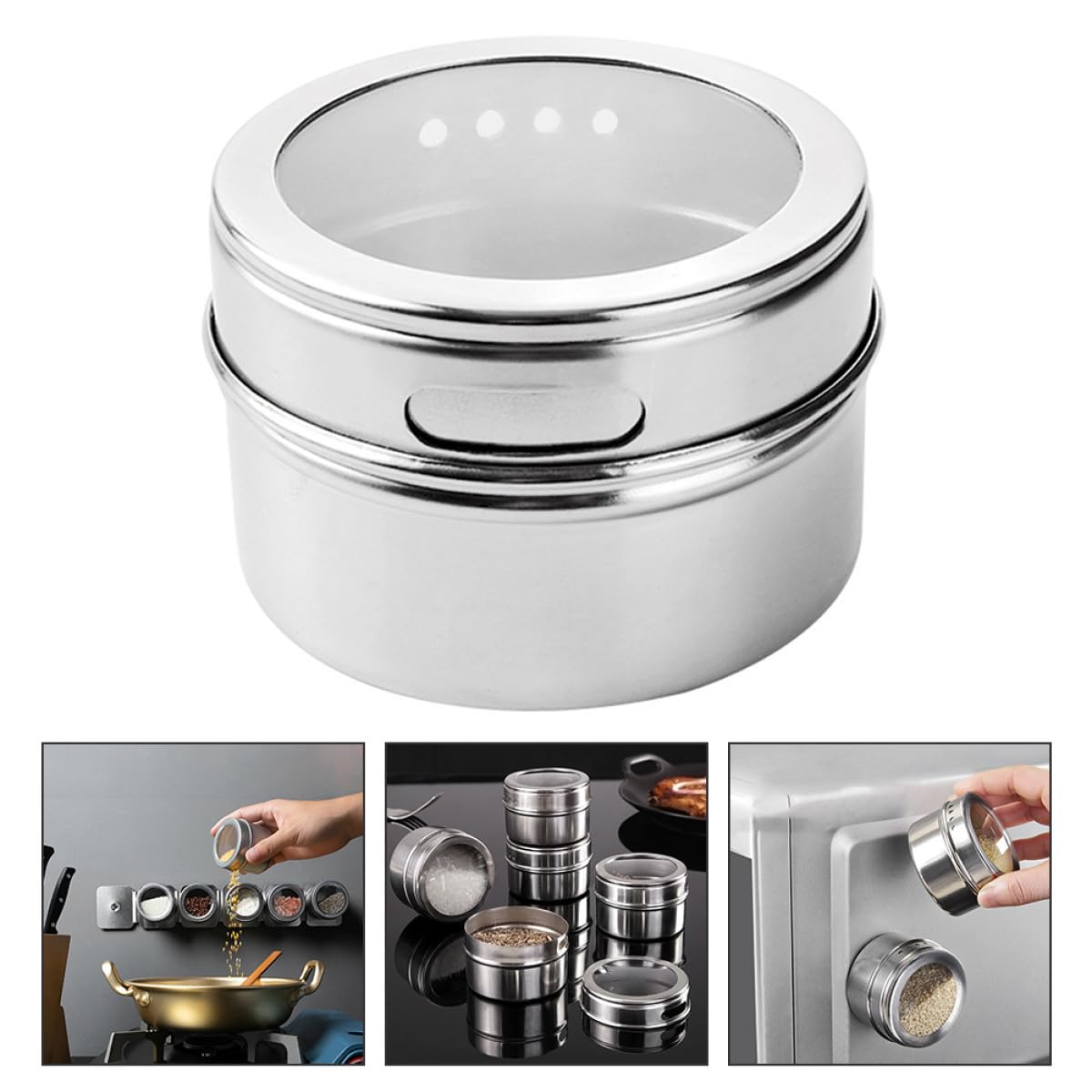 Boîtes à Épices Magnétiques et Double Tamis en Acier Inoxydable Lot de 8 avec Couvercle Transparent Cuisine Organisée et Pratique