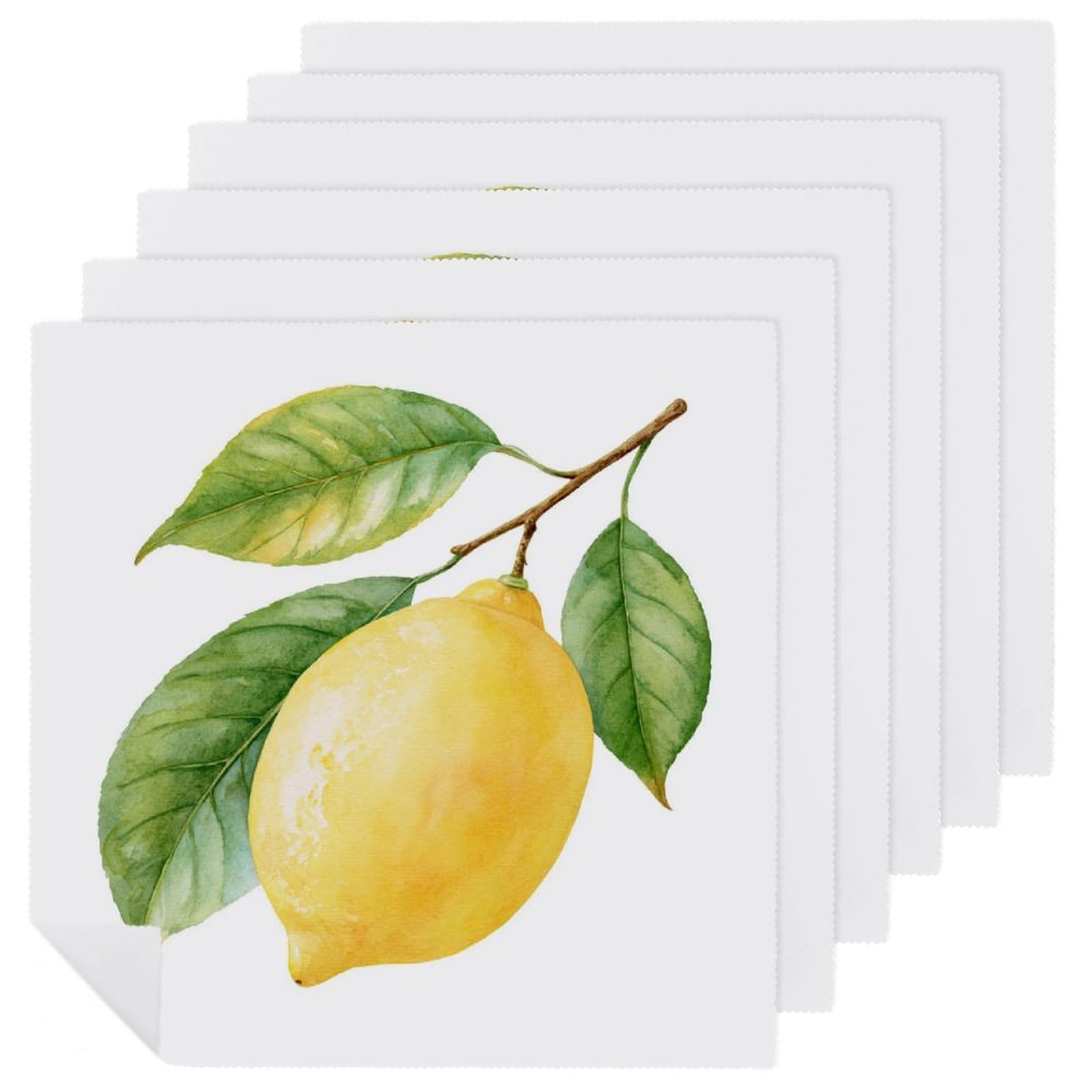 Fresh Whole Lemon Botanical Watercolor Cloth Napkins Set of 6, Square Premium Reusable Washable Polyester Table Linen Napkin for Dinner Party