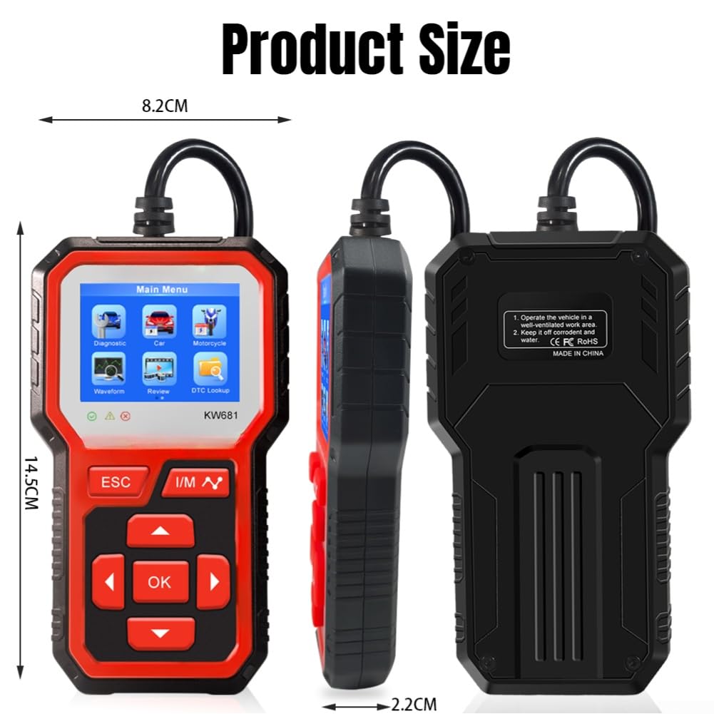 KW681 - Tester per batterie da 6 V/12 V per auto e moto, scanner diagnostico con lettura dei codici di errore e funzione di cancellazione, per batterie AGM, gel e acido, standard OBD2 (a partire dal