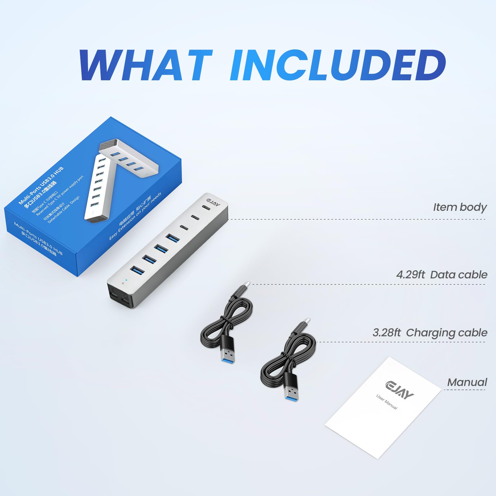 EJAY Hub USB 3.0 à 7 ports avec 4 USB-A et 3 USB-C, répartiteur USB en aluminium pour ordinateur portable/de bureau/PS5, câble amovible de 1 m et 1,3 m, hub USB 5 Gbit/s pour clés USB, HDD, XPS