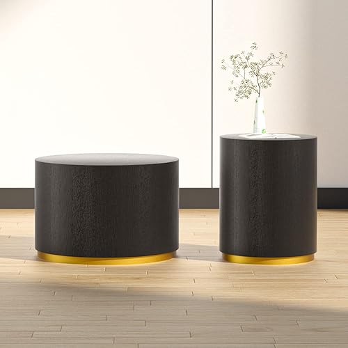 Miniatura 8 de kevinplus Mesa auxiliar negra con borde dorado para sala de estar, mesa auxiliar redonda de madera para espacio pequeño, dormitorio, oficina,