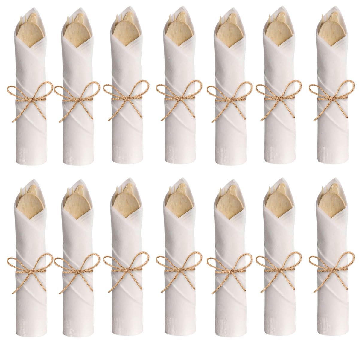 Set de couverts en bambou avec serviettes pré-roulées – Lot de 20 (6,7 pouces, 20 fourchettes, 20 cuillères, 20 couteaux, 20 serviettes) Couverts compostables, couverts jetables emballés