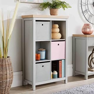 Home Source Grey Oak Storage Cube 6 Shelf Bookcase Wooden Display Unit Organiser Furniture, Large