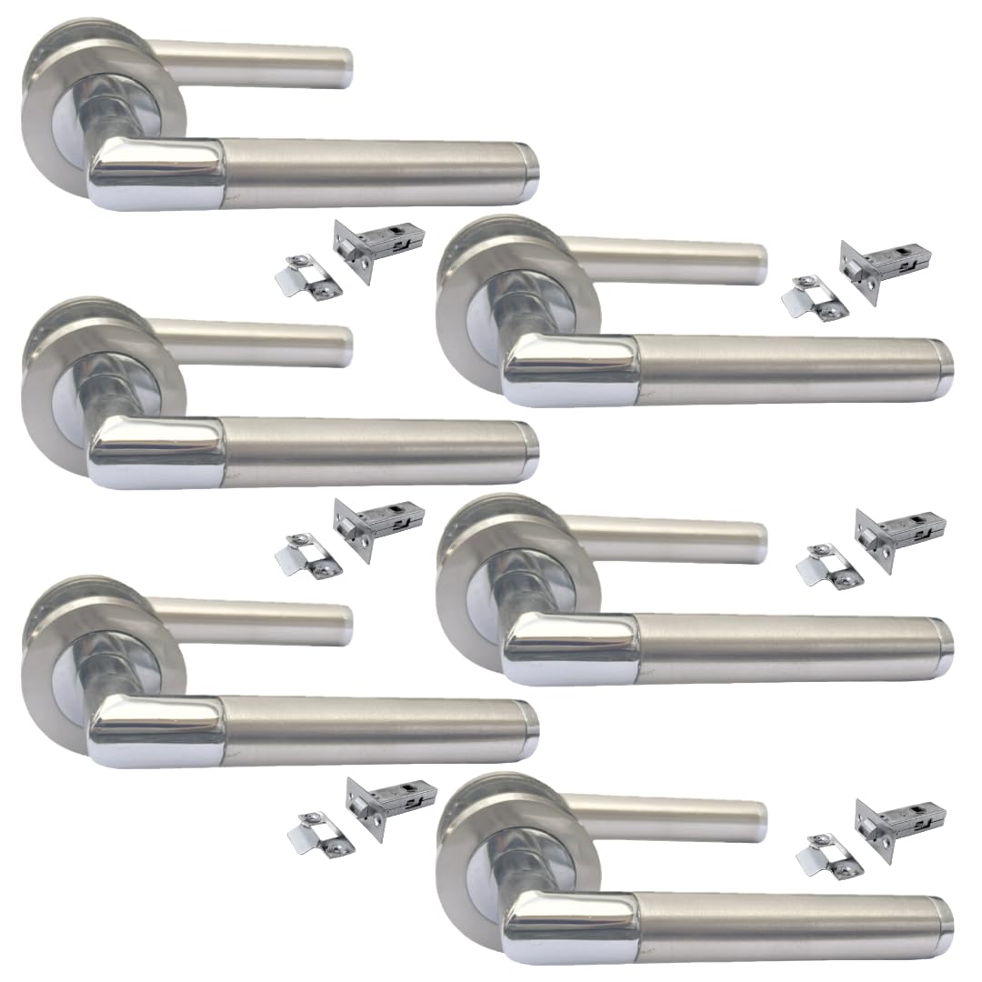 Door Handle Internal Chrome & Satin Duo Mitred Door Handle Set,Sash Lock Interior Latch Lever on Rose, Door Latch Chrome,Door Handle Latch (6 Pair of Handles) (6 Pair of Handles + Tubular Latch)