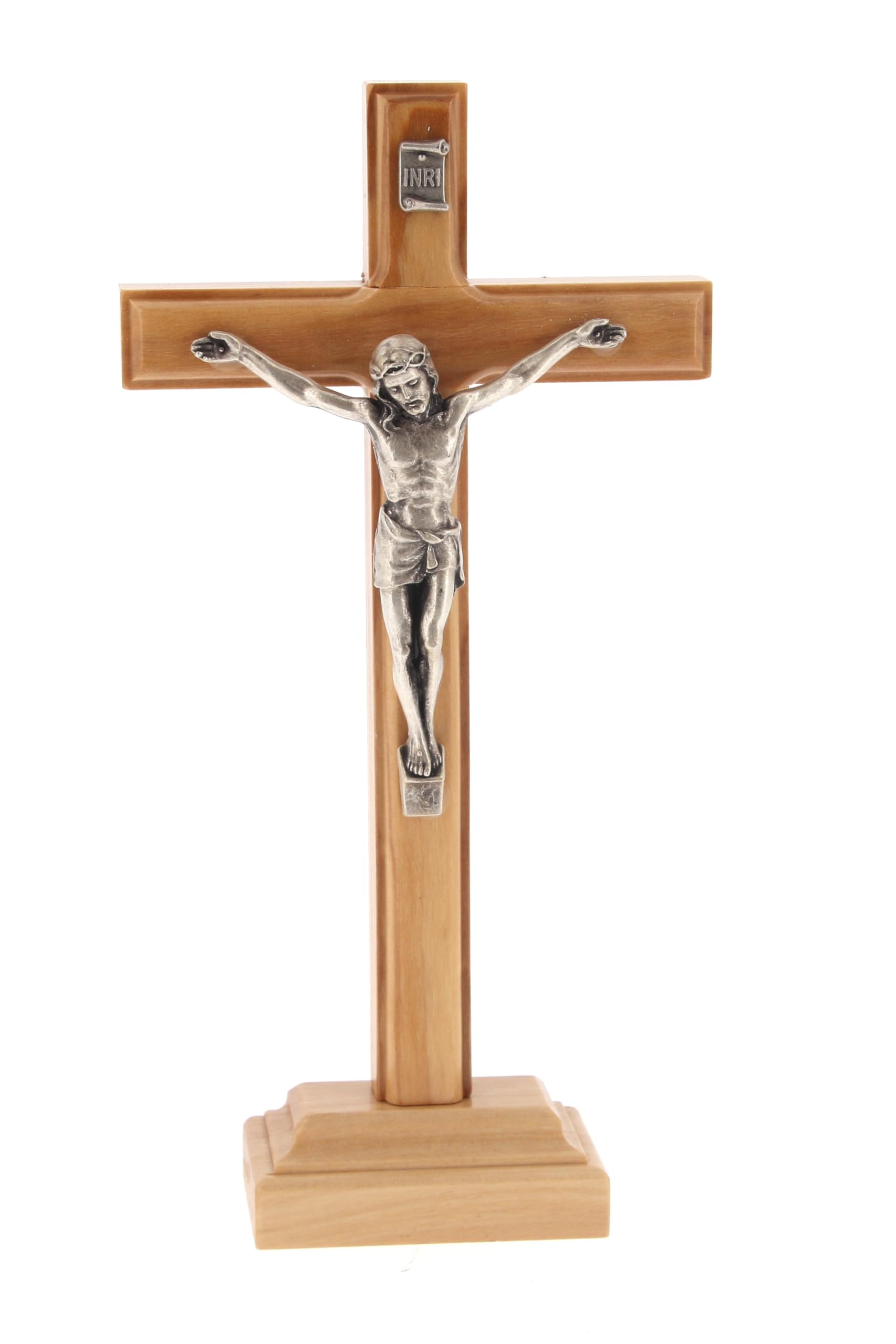 SHALOM - Crocifisso in Legno D'ulivo E Corpo in Metallo con Base. Altezza 18,5 Cm