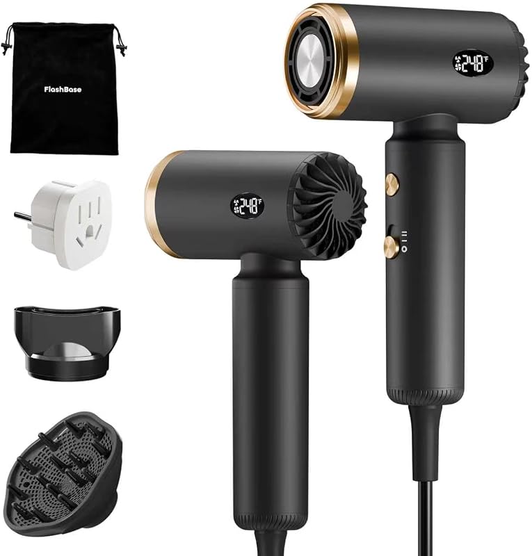 Secador de pelo de viaje, secador de doble voltaje con difusor, caucho negro | Doble voltaje para viajes, compacto de 0,6 lb, secado rápido a 120 k RPM, iones de 500 M que reducen el encrespamiento y los daños, difusor y concentrador magnético,