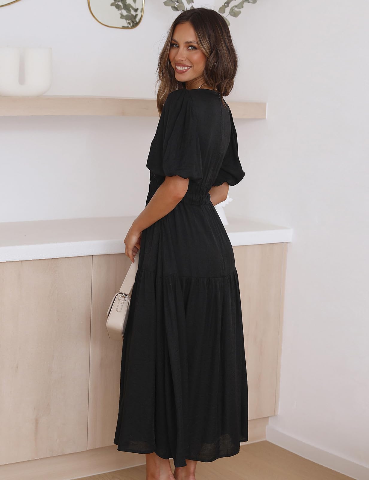 MessBebe Kleid Damen Elegant V-Ausschnitt Sommerkleid Kurze Puffärmel Wickelkleid Einfarbig Maxikleid Hohe Taille Partykleid Lässig Sommer Freizeitk