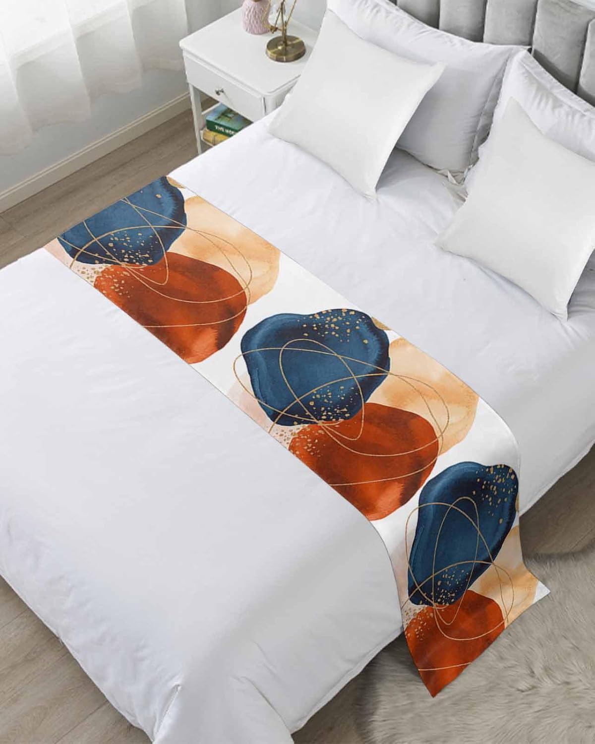 Abstract Boho Geometric Art Bed Runners for Bedroom Hotel,Decorative Bedding Scarf Navy Blue Burnt Orange Graffiti Bed End Blanket Bedding Runner Scarves for Queen Size Beds,94x20in