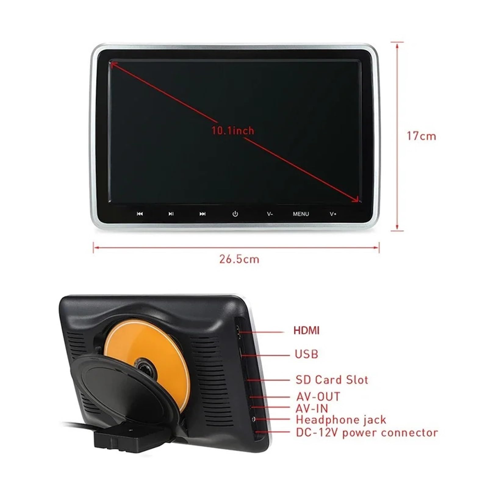 Lettori Video For Auto Da 10,1 Pollici Lettore DVD MP5 Portatile Schermo LCD HDMI Poggiatesta Pulsante Touch Display Sedile Posteriore Facile Da Installare Per I Viaggi(2 DVD Player Monitor)