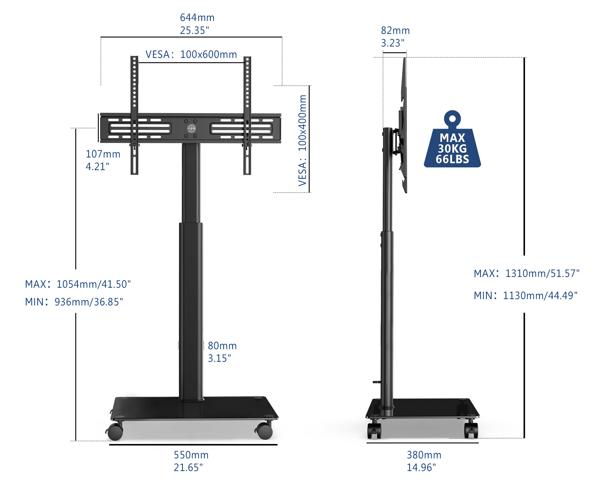 FITUEYES Support TV roulettes, avec Base en Verre Trempé, 32-60 Pouces