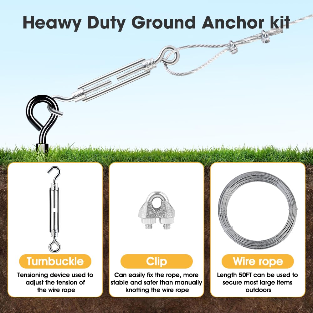 Paquete de 8 anclajes de suelo de 24 pulgadas con cable galvanizado de 3/16 pulgadas, kit de anclaje de cobertizo, estacas de trampolín, anclajes de viento fuerte, ideal para toldos, cobertizos