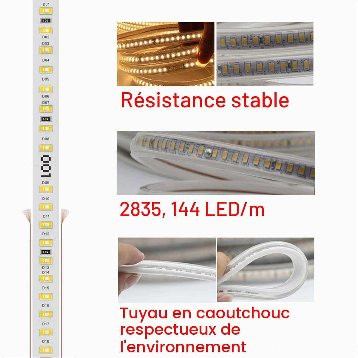 Ruban LED, Bande LED, Bandeau LED, Lumineux Bandeau Led 220V AC 2835 IP68 étanche 144Leds/m 900LM, LED Strip Light Lumineux Bandeau (Blanc froid, 5m)