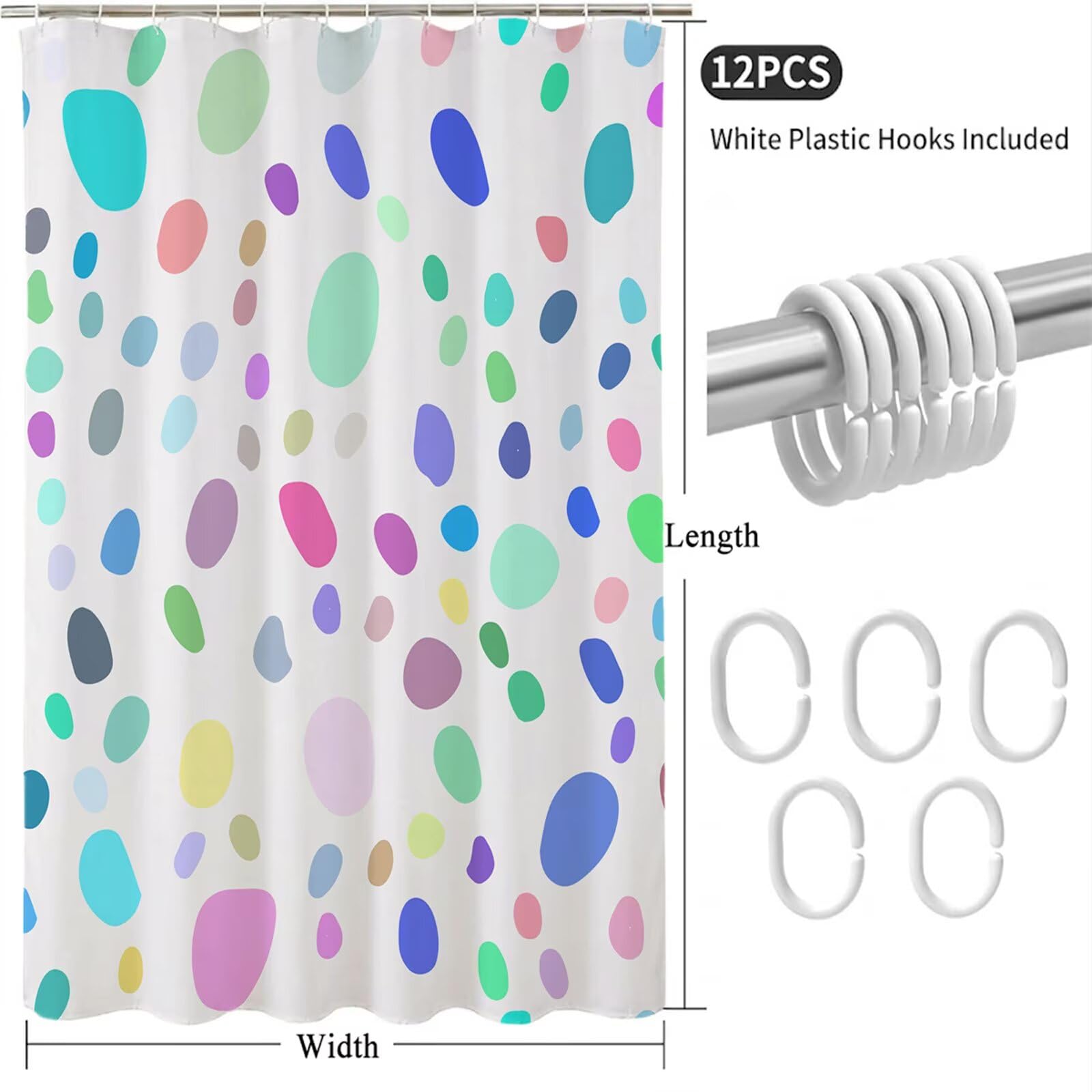 Rideau de Douche 180x220 cm - Tissu Polyester Imperméable Anti-Moisissure - 12 Anneaux Inclus - Ourlet Lesté pour Stabilité - Lavable en Machine - Idéal de Baignoire et Douche - Coloré & Pois Y1#509