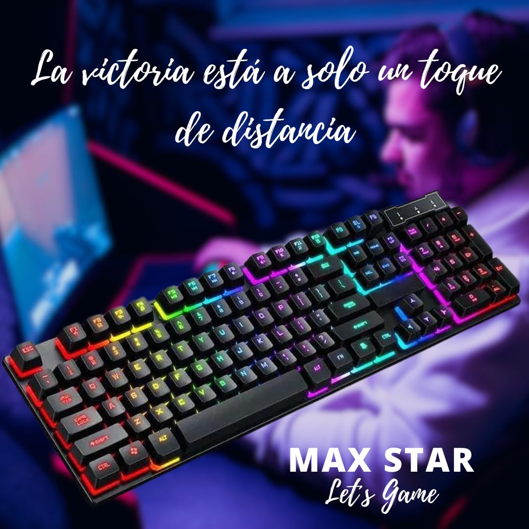 Max Star Teclado Gaming Iluminación LED RGB Teclado Alámbrico Gaming Windows, Mac, PC Gaming, Ordenador, Portátil Teclado Mecánico Negro