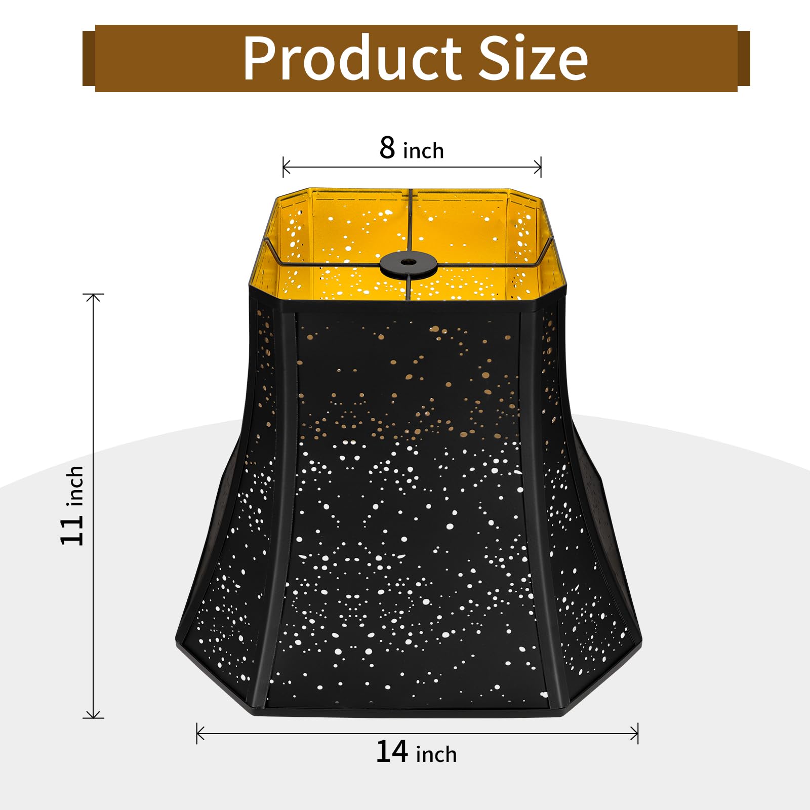 ALUCSET Pantalla de metal grande, esquina de corte cuadrado de 8 pulgadas superior x 14 pulgadas inferior x 11 pulgadas de alto | Bell Lamp - Pantalla de repuesto para lámparas de pie de mesa, diseño de estrella estrellada grabada en oro negro
