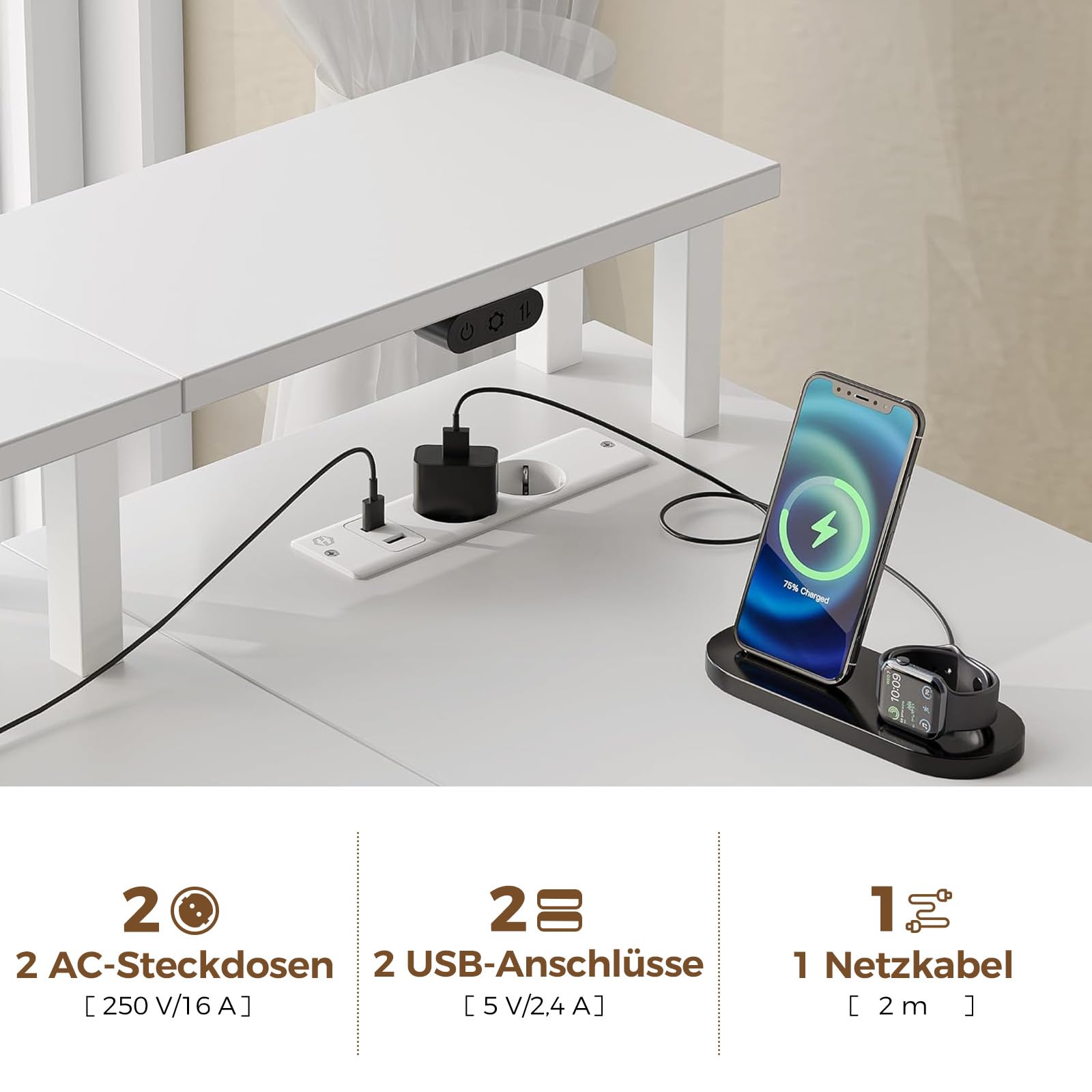 Seventable Schreibtisch L Form, Computertisch mit Steckdose, LED & Monitorständer, Reversibel Eckschreibtisch mit Schubladen, perfekt für Schlafzimmer Büro Wohnzimmer, Weiß