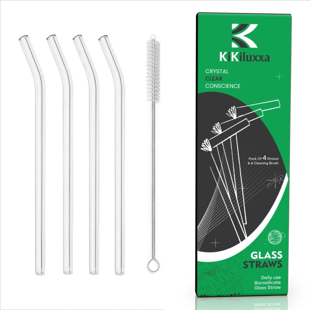 KiKiluxxa 4 Bent Straw and 1Cleaning Brush -Pack of 5 - Reusable Straw for Tea Coffee Glass Sipper Tumber Cup Mug- Easy to Clean Via Cleaning Brush (RZ4+1)