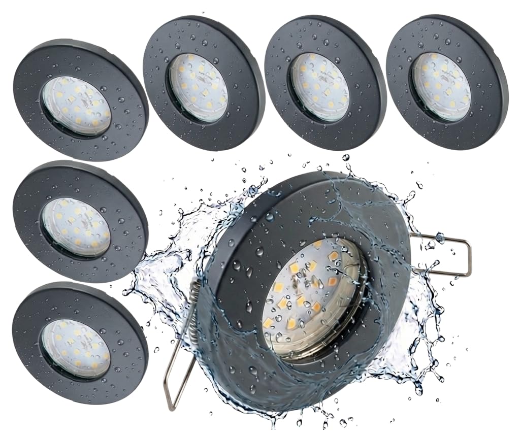 Trango 6er Set IP65 BAD Einbaustrahler 6729IP65-061-5WAK Anthrazit matt inkl. 6x 5 Watt GU10 LED Leuchtmittel 3000K warmweiß & Fassung Außen Einbauleuchte, Badleuchte, Deckenspot Dusche Deckenstrahler