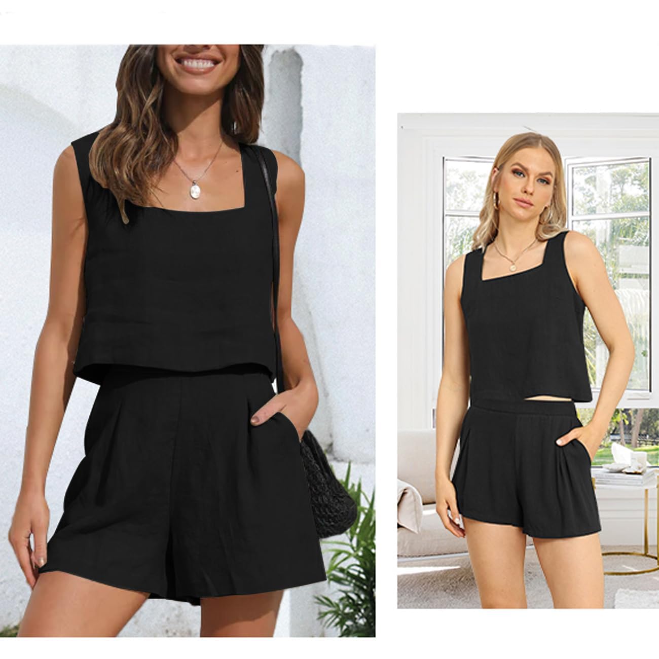 Conjunto Deportivo Mujer De Lino 2 Piezas Cuello Cuadrado Sin Mangas Pantalones Cortos y Crop Top Casual Lounge Ropa Verano para Hogar Calle Viaje Vacación Negro