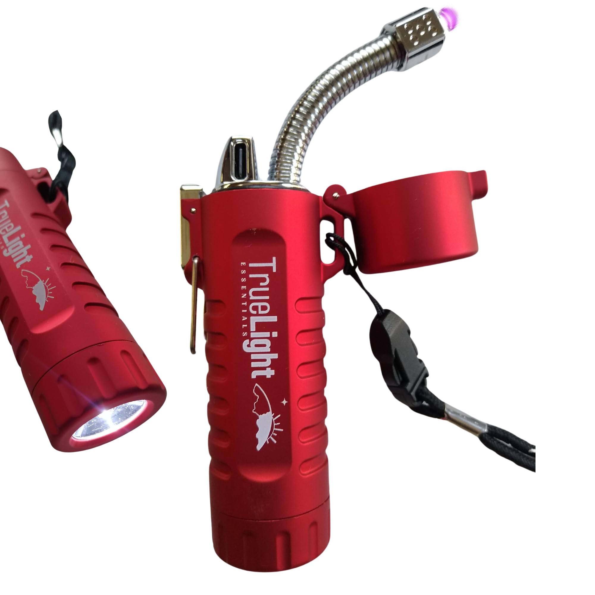 TrueLightEssentials Electric Rechargeable Plasma Lighter - Waterproof USB Arc Lighters with Flashlight LED Battery Indicator and Flexible Neck for Candle Survival Camping Emergency (Red, Long)