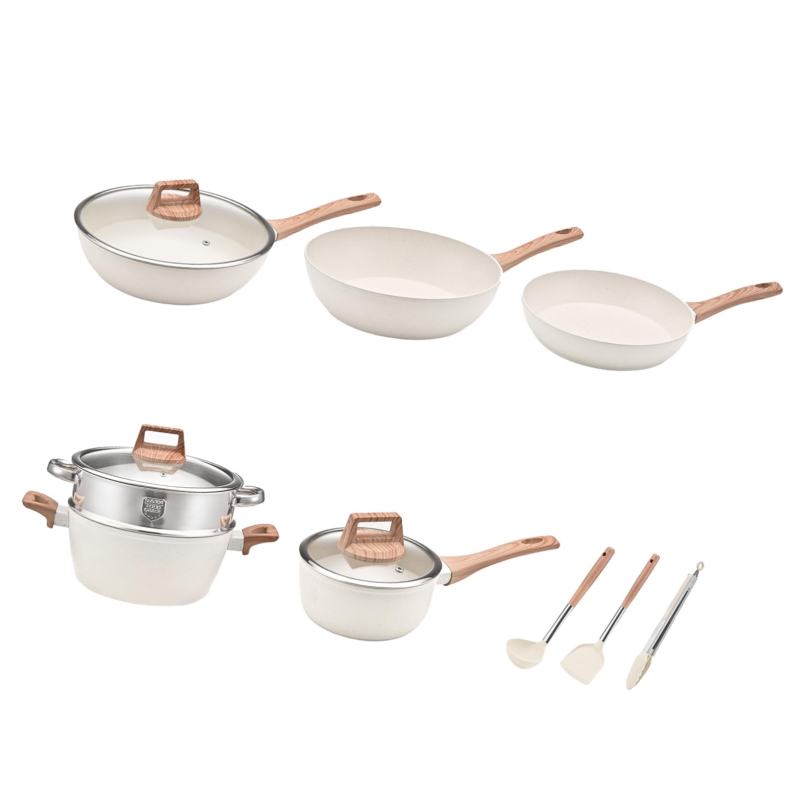 Juego de ollas y sartenes antiadherentes, utensilios de cocina con sartén, cacerola, sartén, tapa, cucharón, cuchara, pinzas, blanco, fácil de limpiar, calentamiento uniforme, diseño que