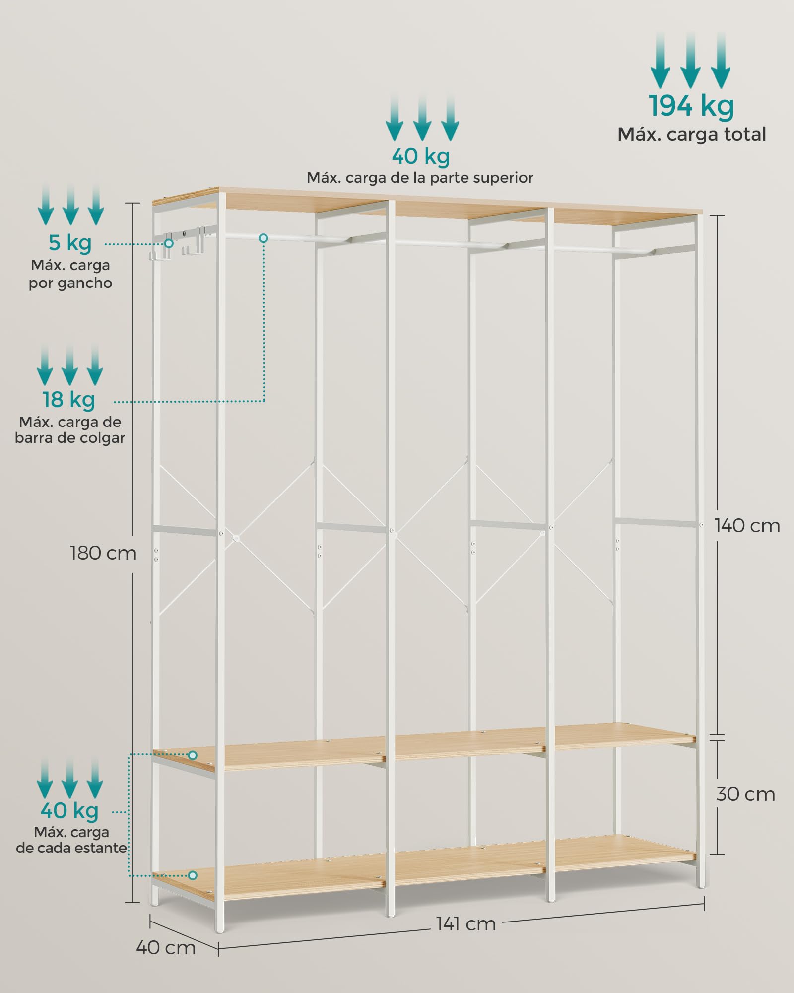 SONGMICS Armario de Ropa Portátil, Armario Plegable, Perchero, Organizador Armario, con Barras de Colgar, Estantes de Almacenamiento, Ganchos Extraíbles, 40 x 141 x 180 cm, Beige Natural RGR005W67