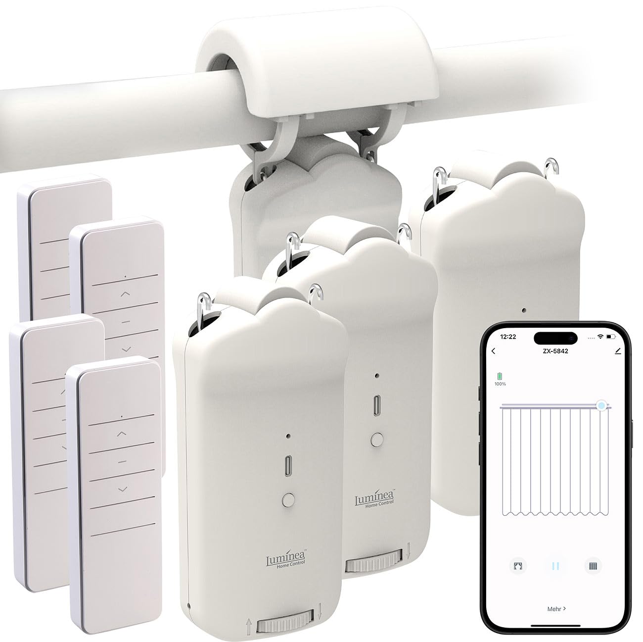 Luminea Home Control Vorhang Öffner: 4er-Set Smarter 3in1-Vorhangmotor, Akku, Bluetooth, Fernbedienung, App (TUYA-kompatible Vorhangmotoren, automatischer Vorhangöffner, Alexa)