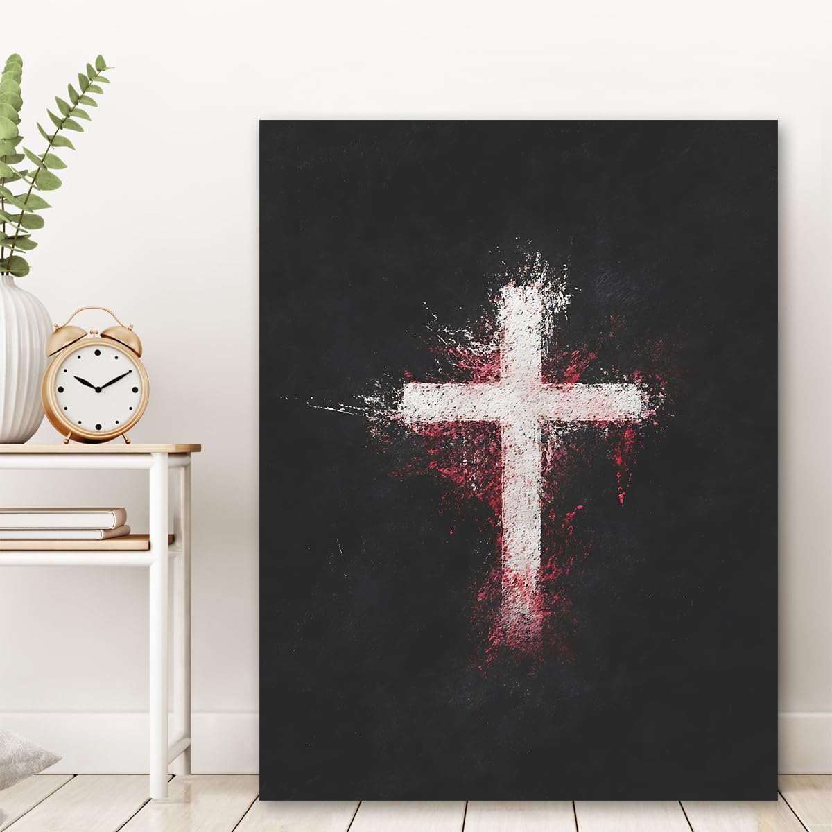 TOANGWALL Religijne płótno ścienne postarzany biały krzyż obraz ścienny czerwona farba w sprayu wydruki do dekoracji salonu oprawione obrazy ścienne 85 x 100 cm