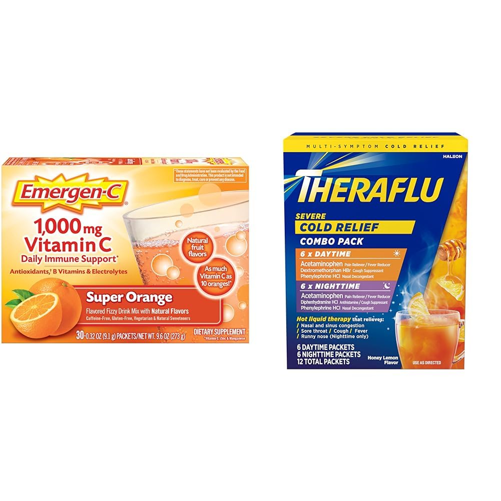 Emergen-C 1000mg Vitamin C Powder for Daily Immune Support Caffeine Free Vitamin C Supplements & Theraflu Combo Daytime and Nighttime Severe Cold Relief Powder, Honey Lemon Flavor