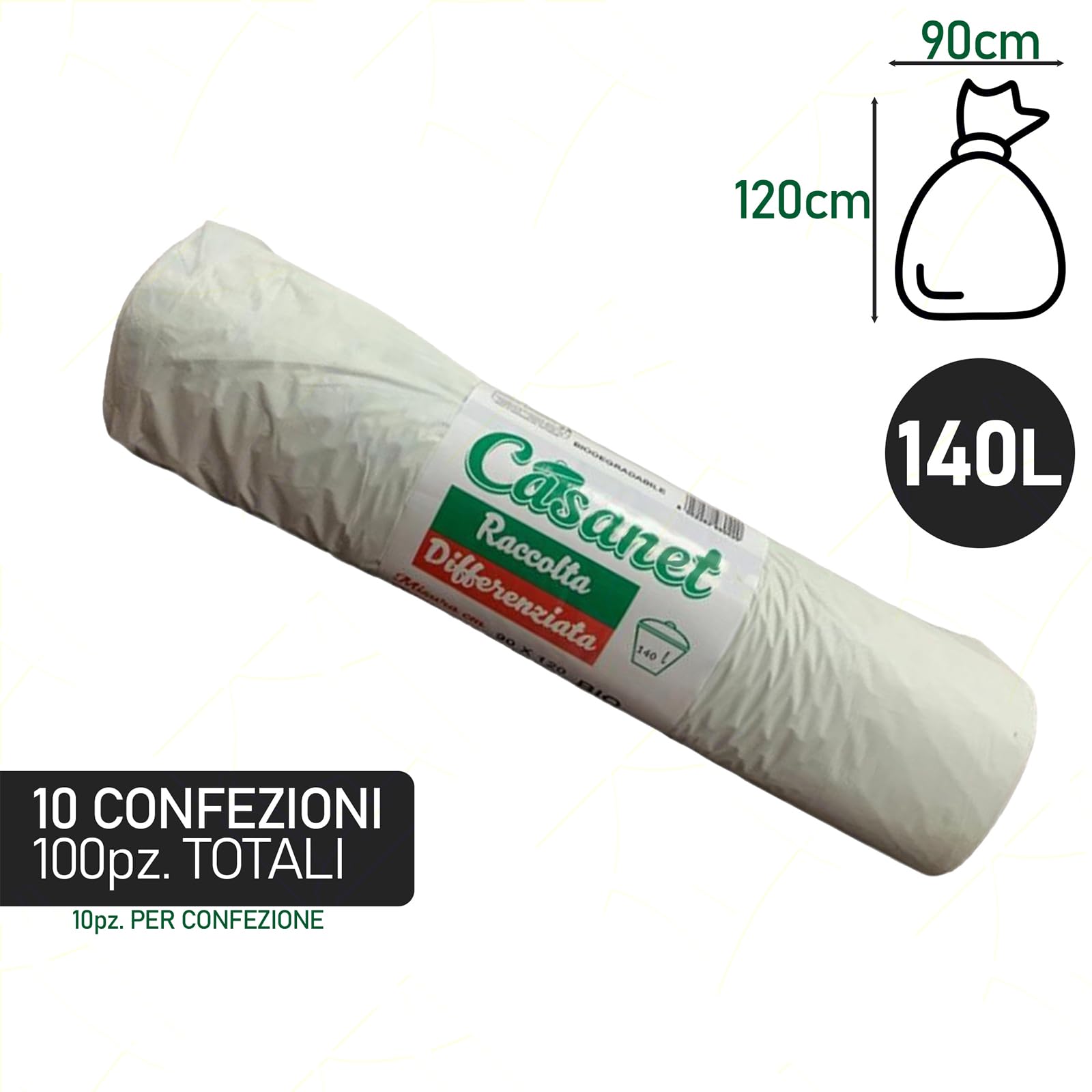 Sicignano 100 Sacchetti Immondizia 140 Litri 90x120 cm Ecologici Biodegradabili, Compostabili, in Mater-B, Sacchi Spazzatura Umido Indifferenziata Rifiuti Organici