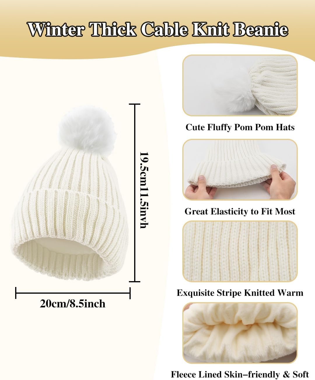 Winter Beanie Hat Scarf Gloves Set for Women, Fleece Knit Pompom Beanie Neck Warmer Long Scarf Touchscreen Gloves 3 in 1 Set - Image 2