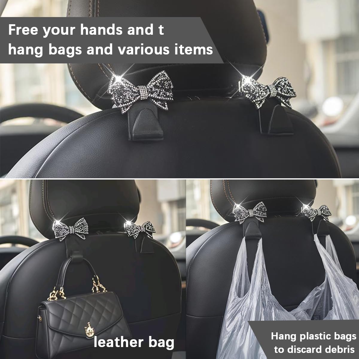 Zpana Lot de 2 crochets pour appuie-tête de voiture avec nœud en cristal - Pour sacs à main, sacs d'épicerie, organiseur de siège arrière de voiture en diamant, universel pour SUV, camion, berline