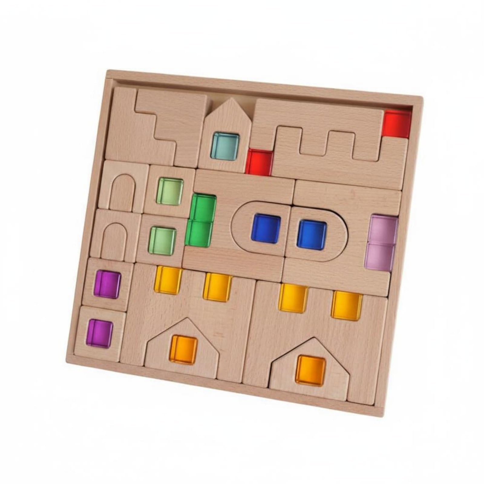 Blocco Arcobaleno Trasparente Apprendimento Precoce Costruzione con Pietre Colorate Sensoriale Puzzle Castello in Legno per Bambini, Scuola Prescolare