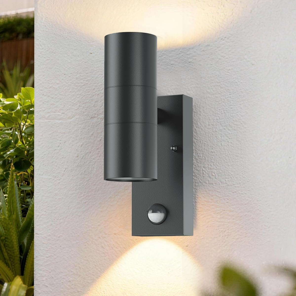 NBHANYUAN Lighting Outdoor Wall Light with Motion Sensor, Up Down Light with Sensor, IP44 Waterproof, Aluminium Anthracite Grey Wall Light Mains Powered for Front Door, Porch, GU10 Bulb x 2 Excl.