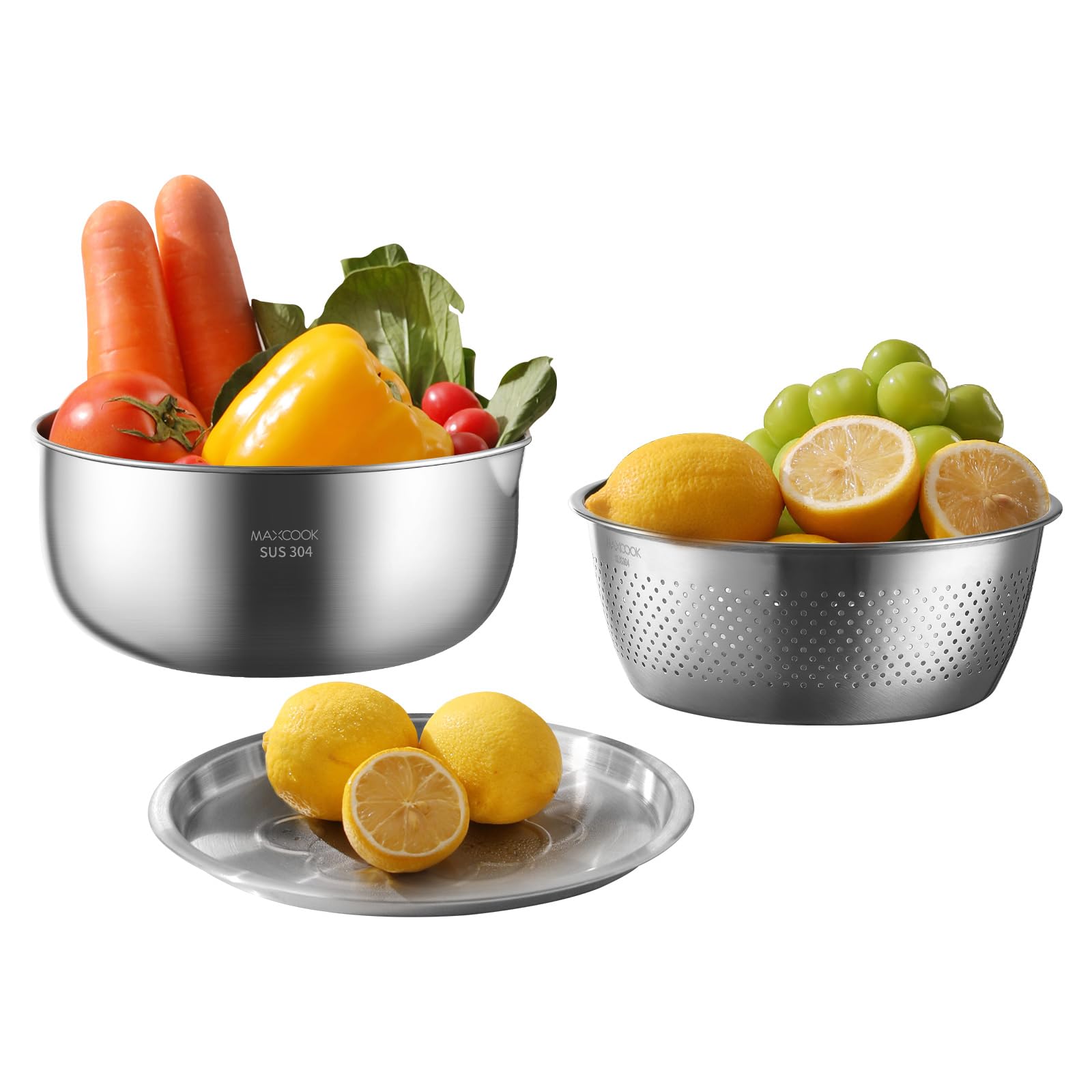 Juego de 3 cuencos de acero inoxidable, cuenco colador de acero inoxidable 18/8 para enjuagar arroz, ensaladas y masa, ideal para preparar alimentos, apto para el lavavajillas