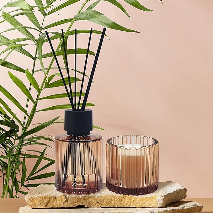 Diffuser & Candle Ribbed Glass with Black Reeds - Pomegranate Noir Set