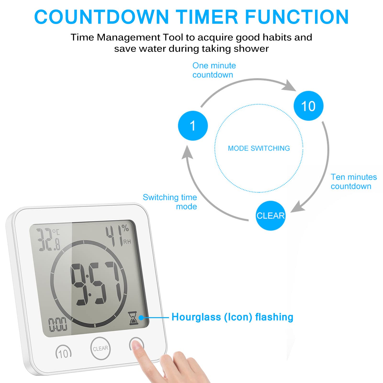 ONEVER Orologio da Bagno,Lgrometro Termometro Digitale,Monitor Umidità da Interno,Stazione Meteo con Espressione Facciale per Stanza da Bambino LCD Touch Control Timer Allarme per Cucina Bagno