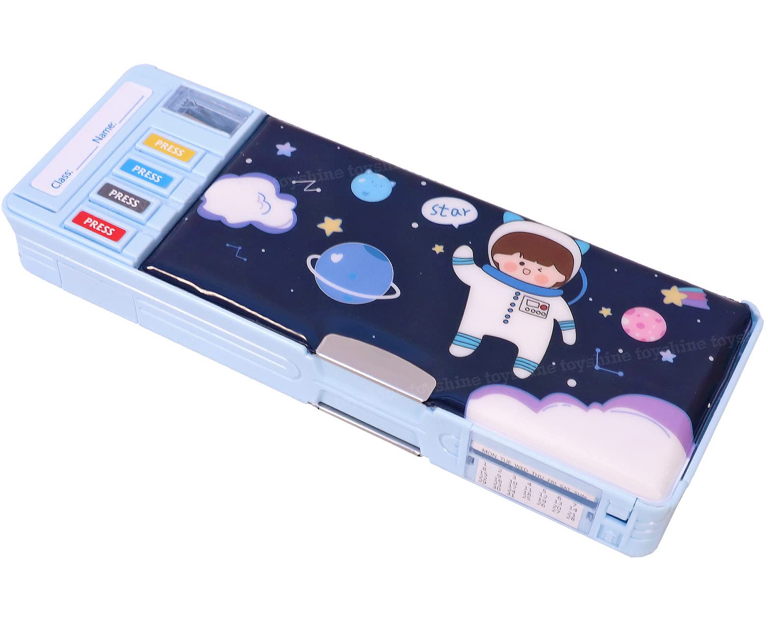 Toyshine Multi Compartment Button Operated Space Pencil Box, With Pen Stand In-Built, Push Button Enabled Storages And Sharpener For Kids - Blue - Plastic (B0BMGCM239) Amazon Price History, Amazon Price Tracker