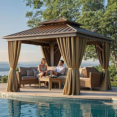 YITAHOME 10x10ft Hardtop Gazebo with Nettings and Curtains, Aluminum Frame Heavy Duty Double Roof Galvanized Steel Outdoor for Patio, Backyard, Deck (Bronze)
