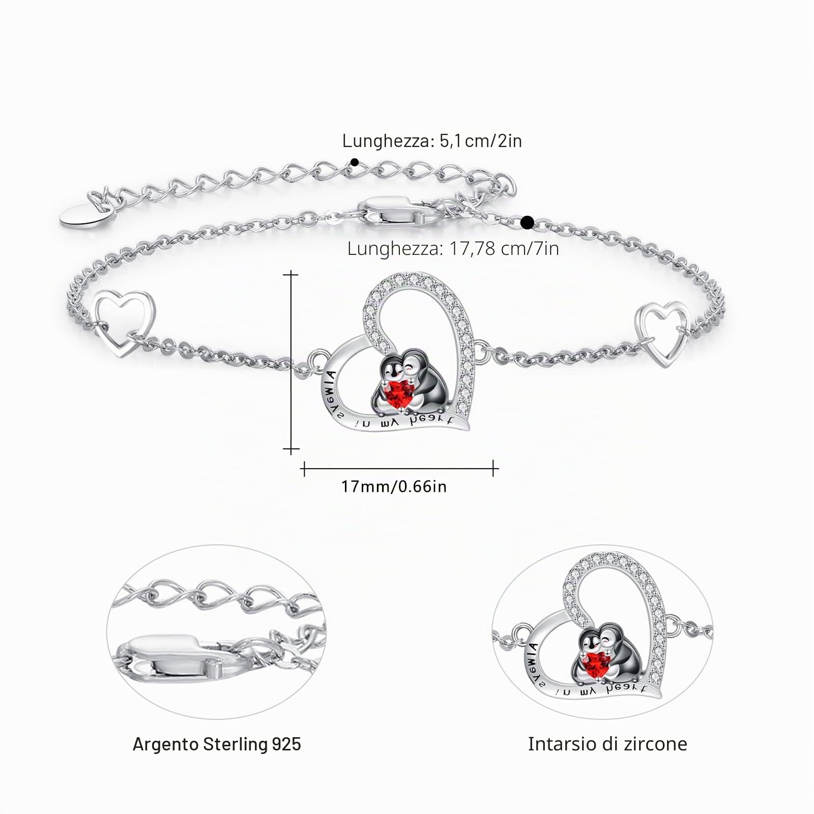 Bracciale con pinguino, in argento Sterling 925, con cuore e pinguino, regalo per donne, ragazze, figlie, sorella, amico, laurea